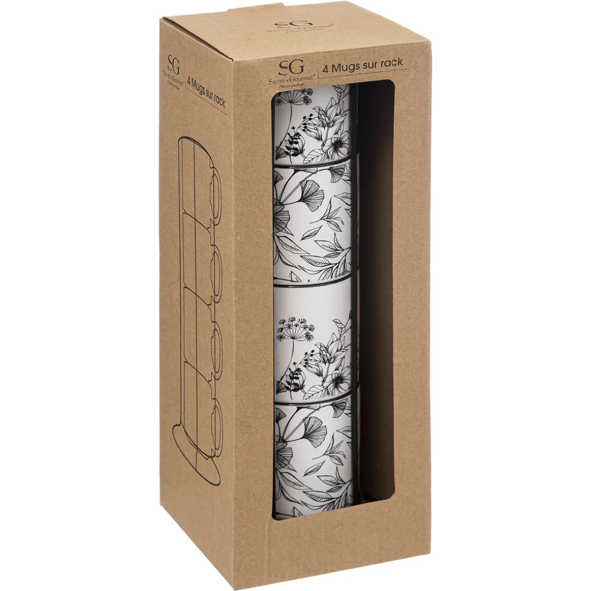 Rack 4 mugs "White Floral"
